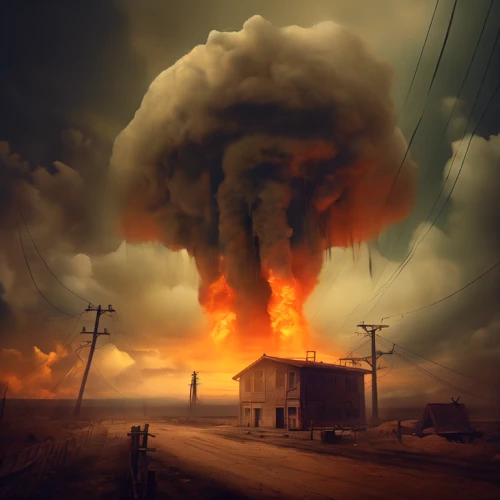 nuclear explosion,mushroom cloud,apocalyptic,post-apocalyptic landscape,apocalypse,the eruption,post-apocalypse,burning man,explosion,atomic age,the conflagration,atomic bomb,burning house,post apocalyptic,the end of the world,environmental destruction,burning earth,eruption,end of the world,wasteland