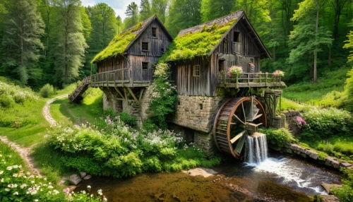 water mill,house in the forest,water wheel,fantasy picture,old mill,fairy house,fairy village,home landscape,wooden house,ancient house,dutch mill,miniature house,wishing well,small house,fantasy art,world digital painting,fisherman's house,summer cottage,little house,witch's house,Photography,General,Natural