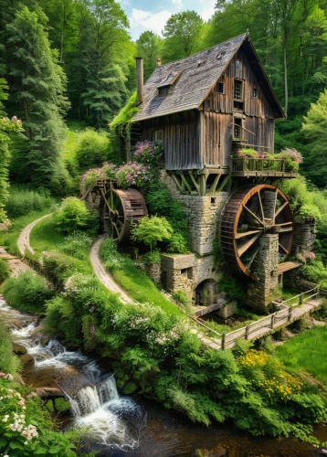 water mill,water wheel,old mill,dutch mill,gristmill,house in the forest,mill,home landscape,log home,wooden house,flour mill,wooden bridge,potter's wheel,world digital painting,fantasy picture,rustic,house in mountains,wooden construction,rural landscape,summer cottage,Photography,General,Natural