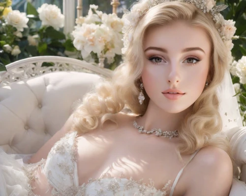 blonde in wedding dress,porcelain doll,magnolieacease,bridal jewelry,bridal,vintage angel,angelic,bridal veil,bridal clothing,fairy queen,vanity fair,wedding dress,white rose snow queen,bridal dress,pale,silver wedding,enchanting,queen cage,aphrodite,cinderella,Photography,Natural