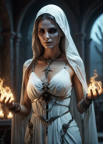 sorceress,priestess,candlemaker,the enchantress,the witch,fire angel,massively multiplayer online role-playing game,celebration of witches,vampire woman,dodge warlock,artemisia,fantasy woman,candlemas,celtic queen,flickering flame,divination,fantasy art,maiden,candlelight,mage