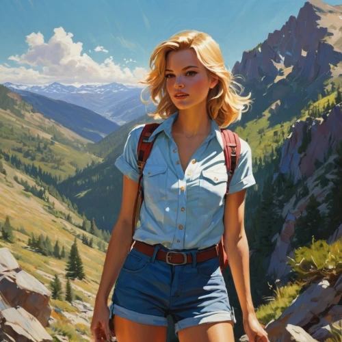 heidi country,montana,countrygirl,girl in overalls,mountain scene,teton,blonde woman,world digital painting,retro girl,painting technique,retro woman,wyoming,eiger,landscape background,girl in t-shirt,digital painting,girl with gun,mountain guide,young woman,farm girl,Conceptual Art,Sci-Fi,Sci-Fi 01