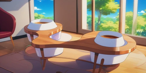 sweet table,wooden table,small table,breakfast table,dining table,tea set,table and chair,breakfast room,tearoom,wooden desk,kitchen table,tea service,set table,table,stool,sitting on a chair,euphonium,sits on away,chairs,tea cups,Illustration,Japanese style,Japanese Style 03