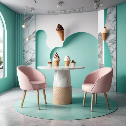 stylized macaron,ice cream parlor,ice cream shop,breakfast room,pastel colors,beauty room,sorbet,almond tiles,danish furniture,interior design,afternoon tea,sweet table,candy bar,dining table,interior decoration,shabby-chic,ice cream bar,dining room,tearoom,danish room,Photography,General,Realistic