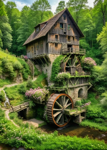 water mill,old mill,dutch mill,water wheel,house in the forest,wooden house,ancient house,home landscape,mill,fairy village,fisherman's house,house in mountains,danish house,witch's house,miniature house,crispy house,fantasy picture,green landscape,traditional house,wooden construction,Photography,General,Natural
