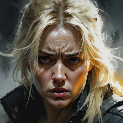 blonde woman,moody portrait,digital painting,face portrait,sci fiction illustration,fantasy portrait,detail shot,renegade,femme fatale,world digital painting,huntress,girl portrait,fury,woman face,black widow,sarah walker,woman portrait,dark portrait,game illustration,girl with gun,Conceptual Art,Fantasy,Fantasy 12