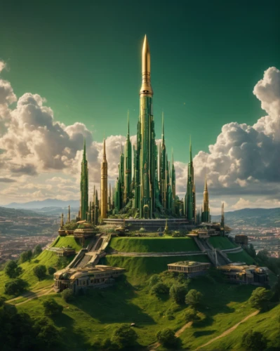 fantasy landscape,fantasy city,basil's cathedral,ancient city,fantasy picture,3d fantasy,hogwarts,futuristic landscape,fantasy world,gold castle,fairy chimney,spire,castle of the corvin,heroic fantasy,world digital painting,fairy tale castle,sci fiction illustration,knight's castle,fantasy art,utopian