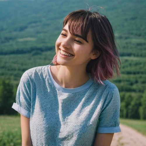 a girl's smile,smiling,girl in t-shirt,grin,killer smile,pixie-bob,pixie cut,a smile,mauve,portrait background,smiley girl,adorable,cute,cheerful,beautiful young woman,cotton top,green background,colorful background,smile,purple background,Photography,Documentary Photography,Documentary Photography 23