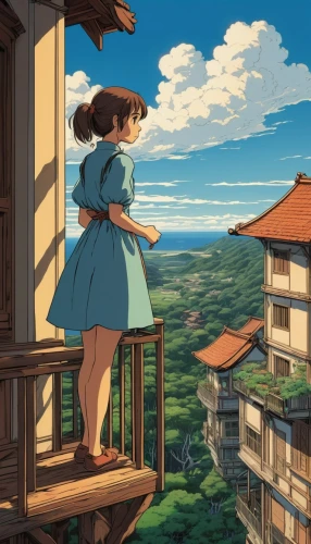 studio ghibli,meteora,overlook,akko,darjeeling,summer evening,japanese alps,fantasia,above the city,summer day,kyoto,roof landscape,blue sky,the horizon,sky apartment,scenery,japan,shirakami-sanchi,heidi country,idyllic,Illustration,American Style,American Style 01