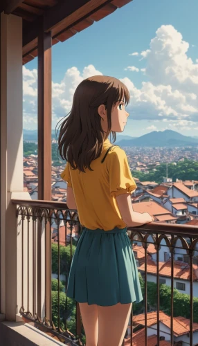 rooftop,on the roof,euphonium,honolulu,rooftops,summer day,overlook,balcony,studio ghibli,yellow sky,meteora,scenery,with a view,above the city,window sill,chara,summer evening,citrus,roof top,roof landscape,Photography,General,Realistic