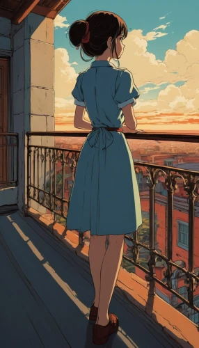 studio ghibli,overlook,paris balcony,rooftop,rooftops,on the roof,boardwalk,balcony,summer evening,a girl in a dress,watercolor paris balcony,girl on the stairs,fantasia,roof top,above the city,atmosphere,blue sky,cloudless,the horizon,summer sky,Illustration,American Style,American Style 08