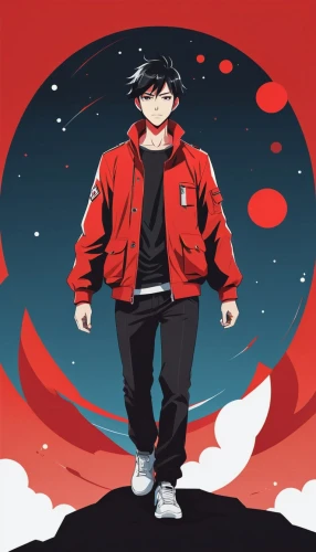 on a red background,red background,anime japanese clothing,red blood cell,red planet,2d,red place,blood cell,persona,matsuno,fire planet,anime cartoon,astronaut,yukio,moon walk,semeru,anime 3d,red banner,astronomer,jacket,Illustration,Vector,Vector 01