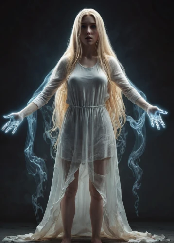 ghost girl,mystical portrait of a girl,priestess,sorceress,angel,light bearer,the enchantress,fantasy portrait,the snow queen,the ghost,ghostly,the angel with the veronica veil,apparition,paranormal phenomena,angel girl,supernatural creature,the girl in nightie,white lady,divination,rapunzel,Conceptual Art,Fantasy,Fantasy 01