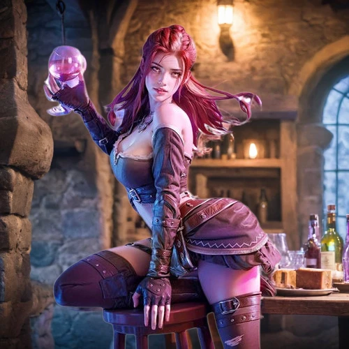 barmaid,bartender,poker primrose,cosplay image,steampunk,fae,fantasy woman,pink wine,rose wine,la violetta,potions,fantasy girl,a glass of wine,apothecary,cosplayer,violet head elf,cosplay,scarlet witch,sorceress,elza