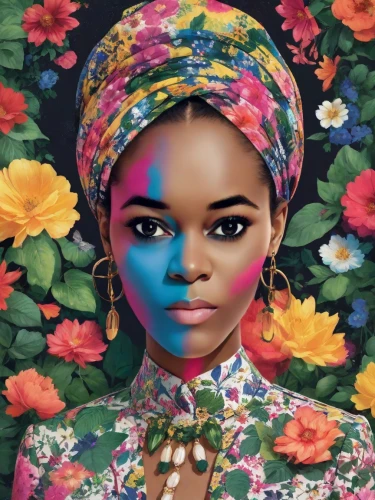 african woman,beautiful african american women,african american woman,afroamerican,afro-american,afro american girls,rosa ' amber cover,nigeria woman,colorful floral,girl-in-pop-art,frida,black woman,digital artwork,popart,cameroon,african,mystical portrait of a girl,digital art,african culture,psychedelic art,Photography,Realistic
