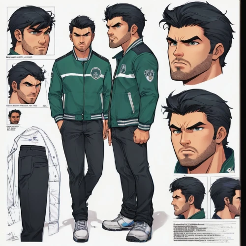 male character,tracksuit,main character,comic character,jacket,angry man,tennis coach,baseball coach,martial arts uniform,green jacket,concept art,male poses for drawing,bolt-004,falcon,game character,archer,joseph,cartoon doctor,courier,sports hero fella,Unique,Design,Character Design