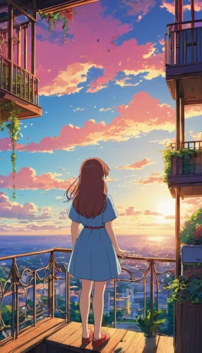 studio ghibli,summer evening,akko,sunset,summer sky,ocean view,the horizon,summer day,summer background,sunrise,horizon,idyllic,dream world,by the sea,setting sun,seaside,sunset glow,scenery,芦ﾉ湖,dusk,Illustration,Japanese style,Japanese Style 03