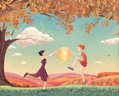 throwing leaves,fairies aloft,kids illustration,children's fairy tale,sci fiction illustration,juggling,game illustration,golden swing,girl and boy outdoor,ballroom dance,little girl in wind,book illustration,a collection of short stories for children,hot air balloon,autumn background,windfall,autumn idyll,flying seed,ballon,gas balloon,Calligraphy,Illustration,Beautiful Fantasy Illustration