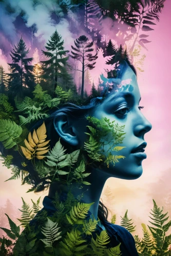 dryad,mother nature,mother earth,faerie,girl with tree,psychedelic art,forest of dreams,faery,double exposure,world digital painting,mystical portrait of a girl,flora,fractals art,fae,photomanipulation,photo manipulation,fantasy portrait,ferns,forests,leafed through,Illustration,Vector,Vector 14