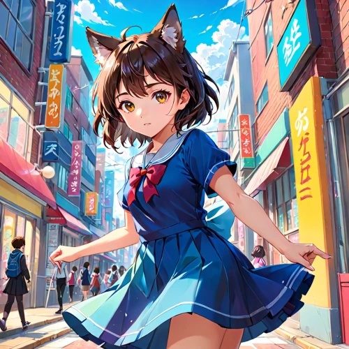 street cat,miku maekawa,nyan,anime japanese clothing,alley cat,stray cat,domestic short-haired cat,colorful city,cat ears,shibuya,walk,cat kawaii,asakusa,calico cat,alley,haruhi suzumiya sos brigade,anime girl,cat child,cat on a blue background,ganai,Anime,Anime,Realistic