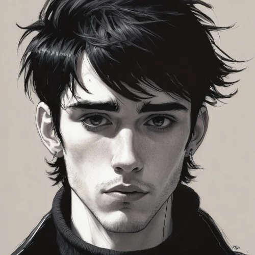 moody portrait,digital painting,young man,black hair,dark portrait,bloned portrait,man portraits,newt,shepard,portrait,stylised,face portrait,stubble,anime boy,study,daemon,fantasy portrait,eyebrow,bran,tumblr icon,Illustration,Black and White,Black and White 08