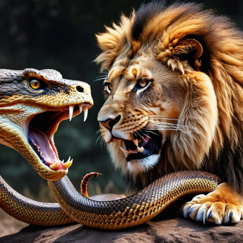 predation,confrontation,battle,wild animals,cold blooded animals,conflict,animals hunting,roar,to roar,prey,roaring,serpent,reptiles,exotic animals,carnivores,arguing,she feeds the lion,snakes,two lion,animalia,Photography,General,Realistic