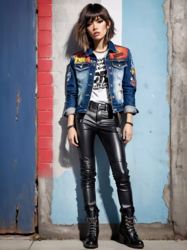 leather jacket,denim background,rocker,leather,menswear for women,jeans background,jean jacket,rockabella,leather boots,black leather,denims,lady rocks,fashion girl,jacket,biker,ramones,women fashion,denim jacket,fashionable girl,woman in menswear,Conceptual Art,Fantasy,Fantasy 03