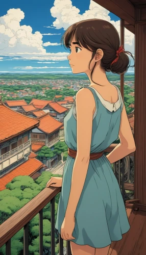 studio ghibli,akko,yamada's rice fields,honolulu,country dress,a girl in a dress,mikuru asahina,roof landscape,anime japanese clothing,summer evening,the horizon,on the roof,shirakami-sanchi,scenery,summer day,background image,rooftops,overlook,rooftop,torii,Illustration,American Style,American Style 01