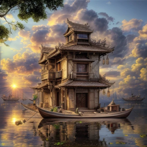 asian architecture,house by the water,houseboat,ancient house,house of the sea,stilt houses,floating huts,fantasy picture,stilt house,floating island,chinese architecture,fantasy art,monkey island,floating islands,house with lake,fantasy landscape,treasure house,water palace,world digital painting,photo manipulation,Realistic,Foods,None