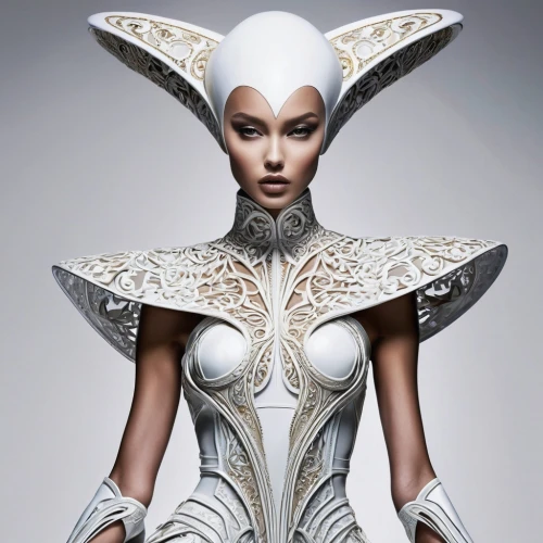 suit of the snow maiden,fashion design,designer dolls,haute couture,fashion illustration,biomechanical,breastplate,bridal clothing,the snow queen,fashion dolls,artificial hair integrations,shoulder pads,ice queen,humanoid,white silk,latex clothing,fashion doll,bodice,body painting,silvery,Photography,Fashion Photography,Fashion Photography 03