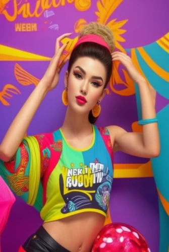 colorful background,background colorful,barbie,orangina,rockabella,colorful,yellow background,samba deluxe,crop top,neon makeup,pineapple top,retro girl,artist's mannequin,retro woman,neon body painting,miss vietnam,bandana background,santana,social,art model,Photography,General,Realistic