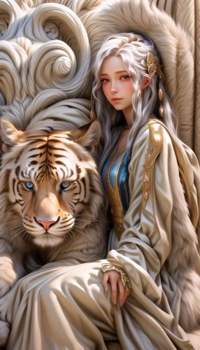 fantasy art,fantasy picture,white tiger,fantasy portrait,3d fantasy,fairy tale character,world digital painting,she feeds the lion,oriental princess,heroic fantasy,royal tiger,fairytale characters,tiger lily,felines,white bengal tiger,tigers nest,winter animals,suit of the snow maiden,tigerle,fantasy woman