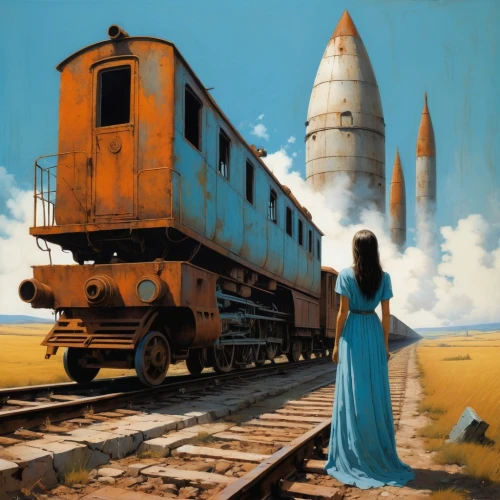long-distance train,the girl at the station,traveller,satellite express,train of thought,galaxy express,the train,train route,train,last train,travel poster,traveler,sci fiction illustration,long-distance transport,girl in a long dress,locomotive,journey,soyuz,ic 4703,travelers,Conceptual Art,Oil color,Oil Color 07