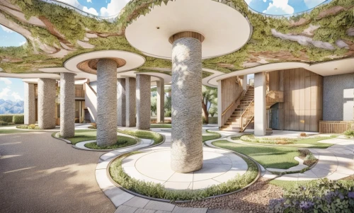 sky space concept,futuristic architecture,futuristic landscape,eco hotel,3d rendering,garden design sydney,mushroom landscape,eco-construction,landscape design sydney,sky apartment,pillars,solar cell base,landscape designers sydney,terraforming,roof landscape,golf resort,utopian,futuristic art museum,columns,render