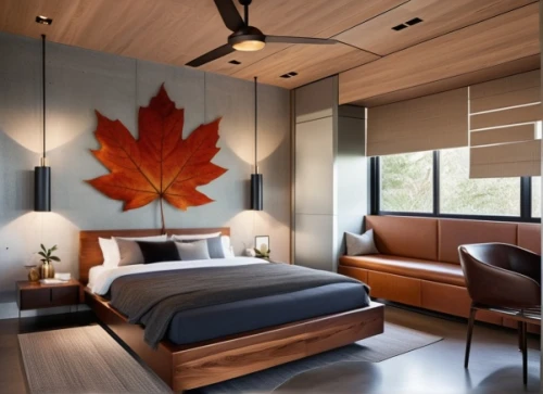 modern decor,contemporary decor,modern room,canopy bed,sleeping room,maple leaf red,guest room,maple leaf,californian white oak,great room,patterned wood decoration,interior modern design,corten steel,hardwood floors,bedroom,interior design,guestroom,autumn decor,wood flooring,waterbed