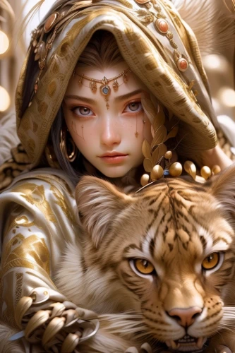 she feeds the lion,fantasy art,golden eyes,felidae,lioness,shamanic,amano,feline,argan,shiva,warrior woman,fantasy picture,heroic fantasy,fantasy portrait,cheetah,lionesses,shamanism,felines,indian art,mowgli