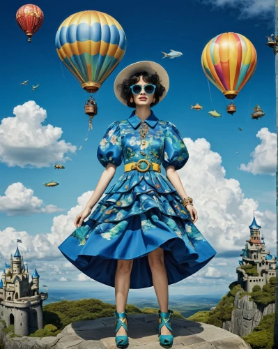 hot-air-balloon-valley-sky,mazarine blue,alice in wonderland,wonderland,doll dress,fairy tale character,3d fantasy,fashion girl,alice,little girl in wind,globe trotter,fashion doll,whimsical,travel woman,fantasy world,fantasy girl,mary poppins,fashion dolls,crinoline,tea party collection