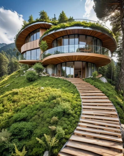 eco hotel,house in mountains,house in the mountains,dunes house,eco-construction,luxury property,beautiful home,timber house,futuristic architecture,modern architecture,tree house hotel,log home,cubic house,luxury home,house in the forest,modern house,swiss house,wooden house,grass roof,alpine style,Photography,General,Realistic