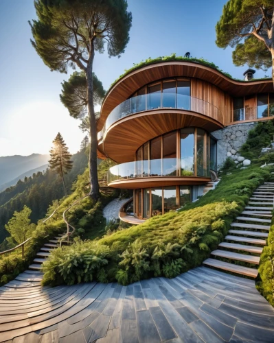 house in the mountains,house in mountains,dunes house,luxury property,luxury home,beautiful home,roof landscape,modern architecture,modern house,house by the water,luxury real estate,home landscape,winding steps,alpine style,wooden house,smart house,crib,futuristic architecture,timber house,holiday villa,Photography,General,Realistic