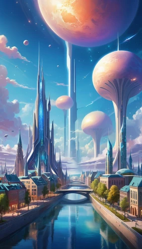 futuristic landscape,fantasy city,fantasy landscape,fantasy world,alien world,alien planet,dream world,valerian,utopian,sky city,fantasy picture,aurora village,metropolis,cg artwork,sci fiction illustration,sky space concept,cityscape,ancient city,space art,city cities,Illustration,Realistic Fantasy,Realistic Fantasy 01