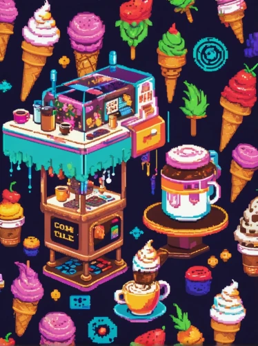 ice cream shop,cake shop,ice cream stand,pastry shop,bakery,ice cream cart,ice cream icons,ice cream parlor,soda shop,retro diner,soda fountain,cupcake background,cake buffet,dessert station,donut illustration,ice cream cones,candy shop,coffee shop,sweet pastries,candy bar,Unique,Pixel,Pixel 04
