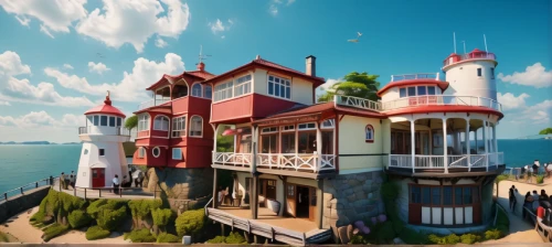 popeye village,house of the sea,seaside resort,studio ghibli,red lighthouse,fairy tale castle,house by the water,crane houses,cube stilt houses,fantasy city,stilt houses,lighthouse,flying island,3d fantasy,hanging houses,treasure house,sky apartment,water castle,cubic house,stilt house
