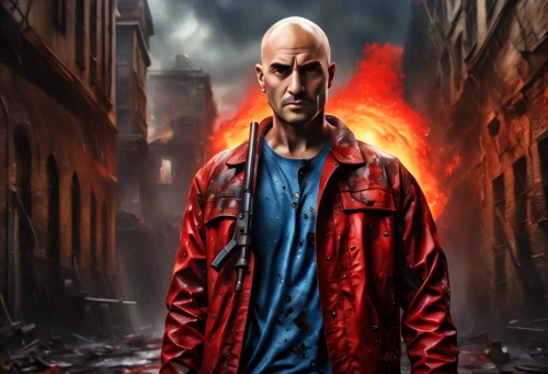 action-adventure game,city in flames,cd cover,the conflagration,daemon,bald,fury,fire background,red hood,prejmer,exploding head,inflammable,baldness,lake of fire,steelworker,conflagration,main character,background image,red super hero,underworld