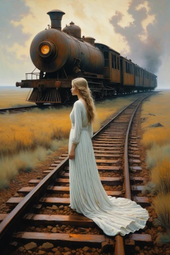 train of thought,ghost locomotive,wedding dress train,railroad,the girl at the station,last train,the train,train,photo manipulation,locomotive,oil painting on canvas,locomotion,photomanipulation,southern belle,long-distance train,conceptual photography,photoshop manipulation,runaway,journey,oil painting,Conceptual Art,Oil color,Oil Color 05
