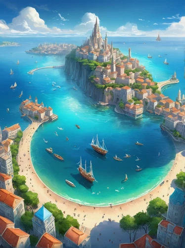 french digital background,seaside resort,dubrovnik,dubrovnik city,island of rab,dubrovnic,peninsula,atlantis,lavezzi isles,mediterranean,grand bleu de gascogne,mediterranean sea,valdes peninsula,marseille,dream beach,resort town,harbor,delight island,artificial islands,ocean paradise,Illustration,Realistic Fantasy,Realistic Fantasy 01