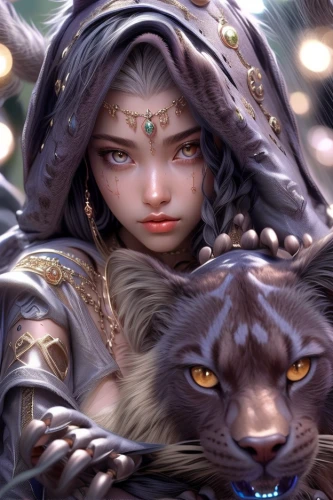 fantasy art,fantasy portrait,cat warrior,fantasy picture,the enchantress,sorceress,heroic fantasy,felines,priestess,female warrior,elven,feline,summoner,huntress,jaya,ursa,warrior woman,two cats,cat child,druid