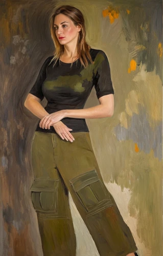 woman sitting,girl sitting,woman holding gun,girl with gun,female model,artist portrait,oil painting,girl in a long,khaki,cargo pants,girl with a gun,portrait of christi,art model,khaki pants,oil on canvas,portrait of a girl,painting,girl in cloth,photo painting,portrait background,Conceptual Art,Oil color,Oil Color 22