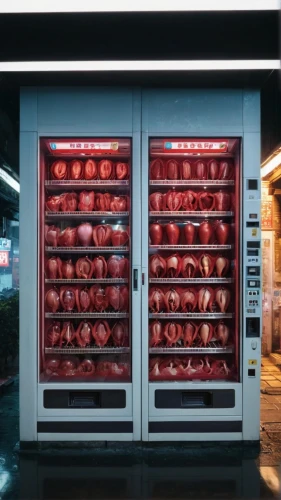 refrigerator,meat counter,butcher shop,preserved food,meat analogue,vending machine,fridge,vending machines,laboratory oven,display case,meat products,pâtisserie,rotisserie,tomato crate,crate of fruit,kitchen shop,store front,red apples,tomatos,store window
