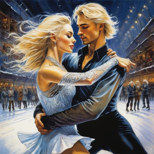 ice dancing,ballroom dance,figure skate,figure skater,latin dance,ice skate,waltz,argentinian tango,ice skating,dancing couple,ice rink,salsa dance,dancesport,ice skates,figure skating,valse music,country-western dance,dancers,square dance,oil painting on canvas,Illustration,Realistic Fantasy,Realistic Fantasy 06