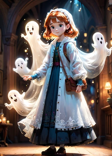 ghost girl,merida,rapunzel,halloween ghosts,princess anna,fairy tale character,disney character,cinderella,mystical portrait of a girl,halloween illustration,the snow queen,magical,ghost,3d fantasy,the ghost,elsa,cg artwork,snow white,ghosts,cute cartoon character,Anime,Anime,Cartoon